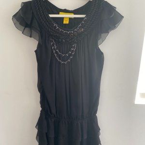 Catherine Malandrino Silk Black Ruffled Mini Dress W/ Bead Detail Sz 2